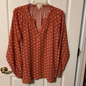 Wonderly Terra Cotta Print Smocked-Neck Blouse